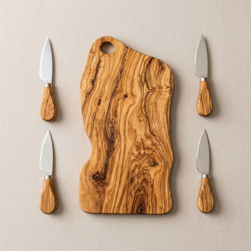 Alba olive wood board and its four matching knives