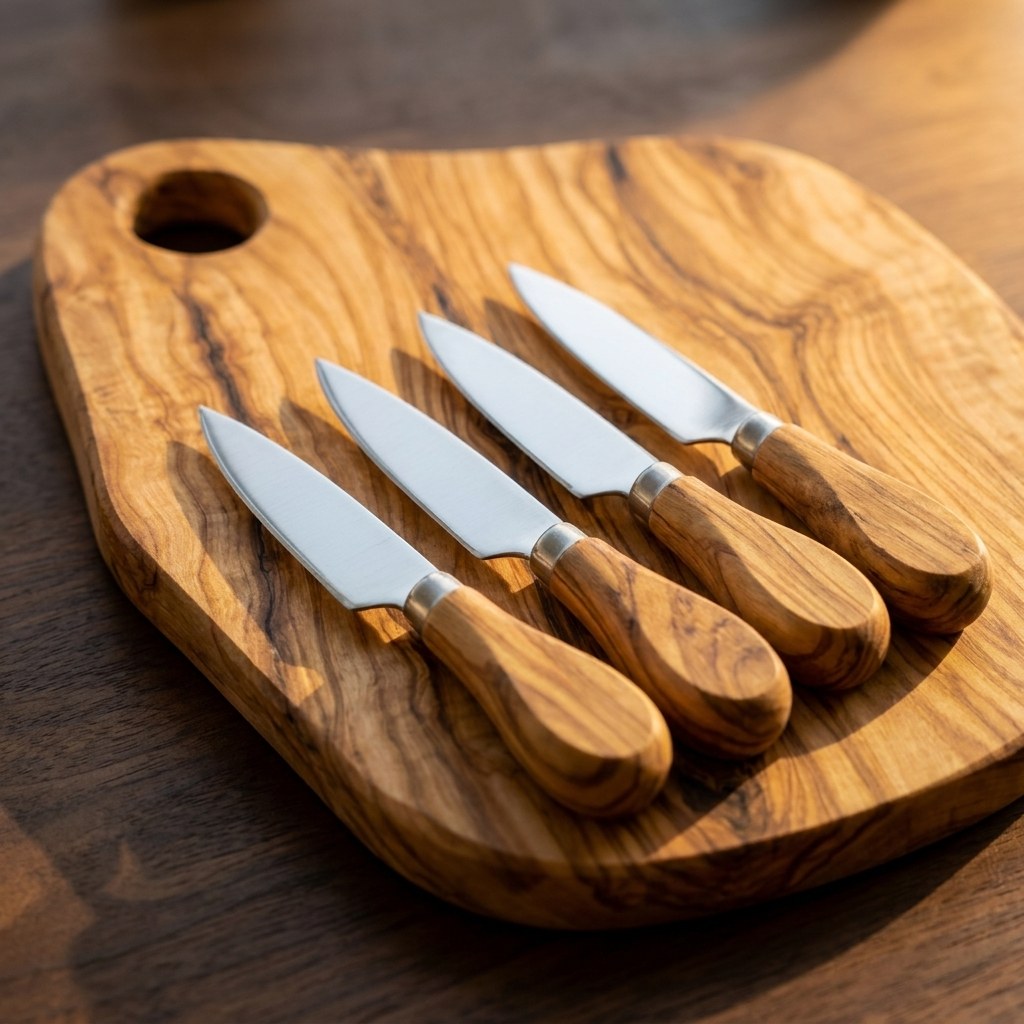 Close-up of the Alba olive wood board with its four matching knives