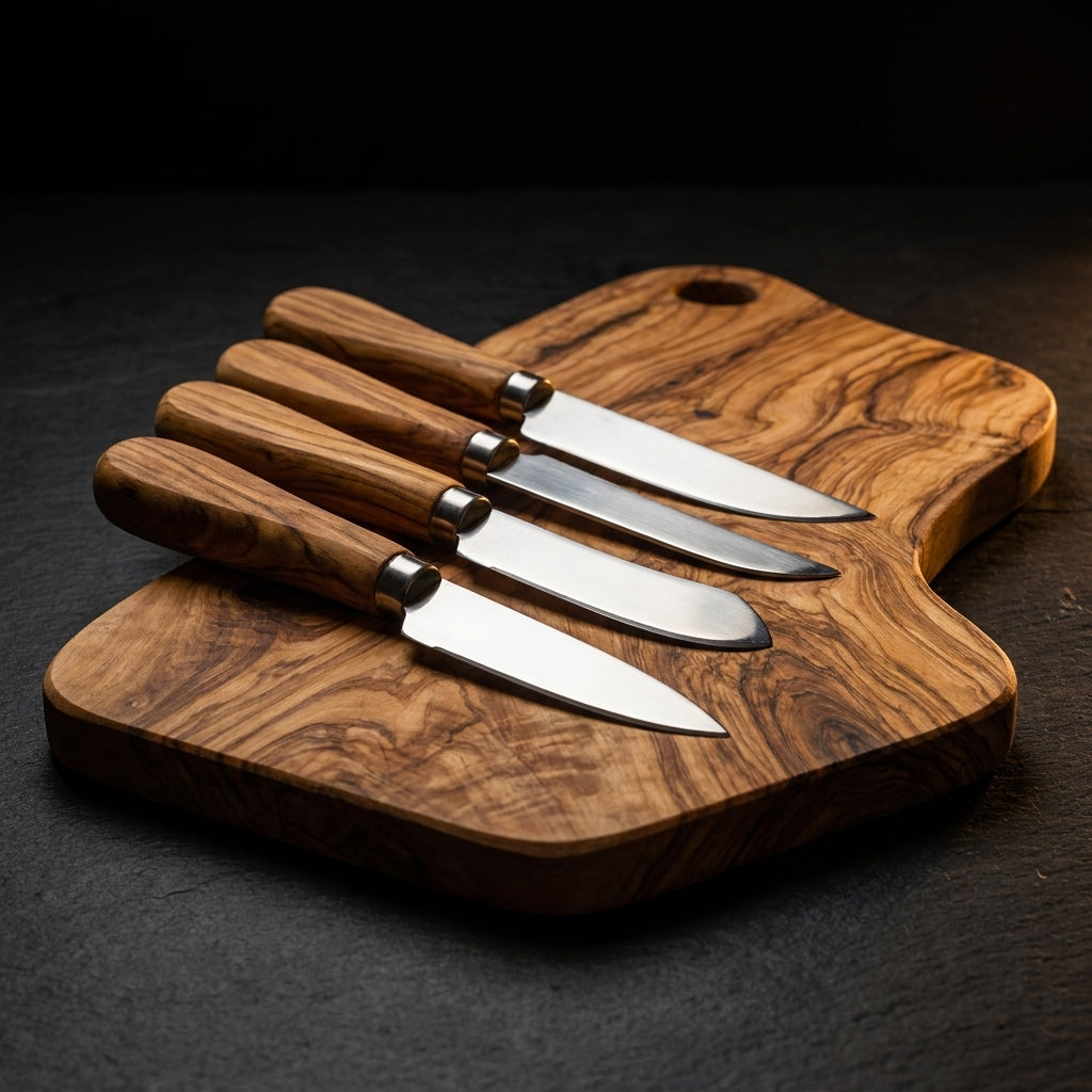 Alba olive wood board and its four cheese knives