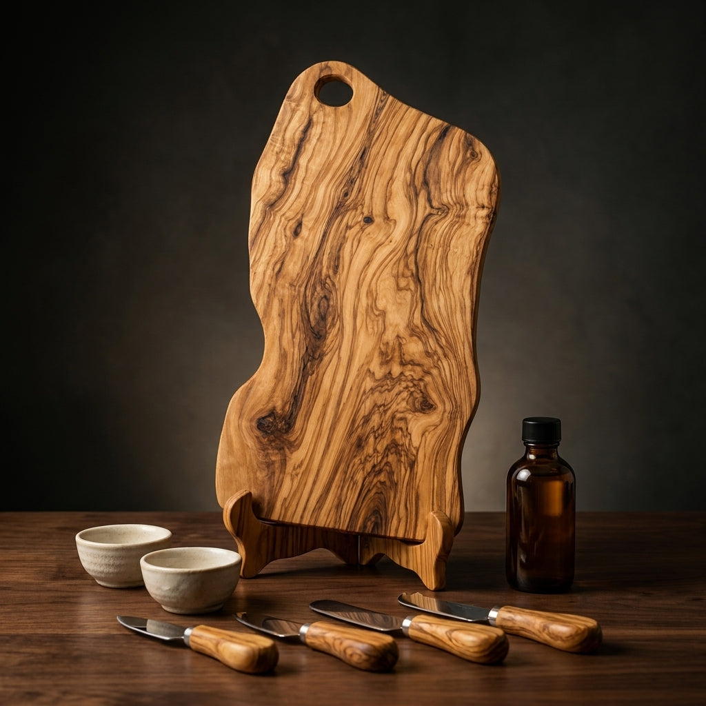 Alba olive wood complete serving set on its stand