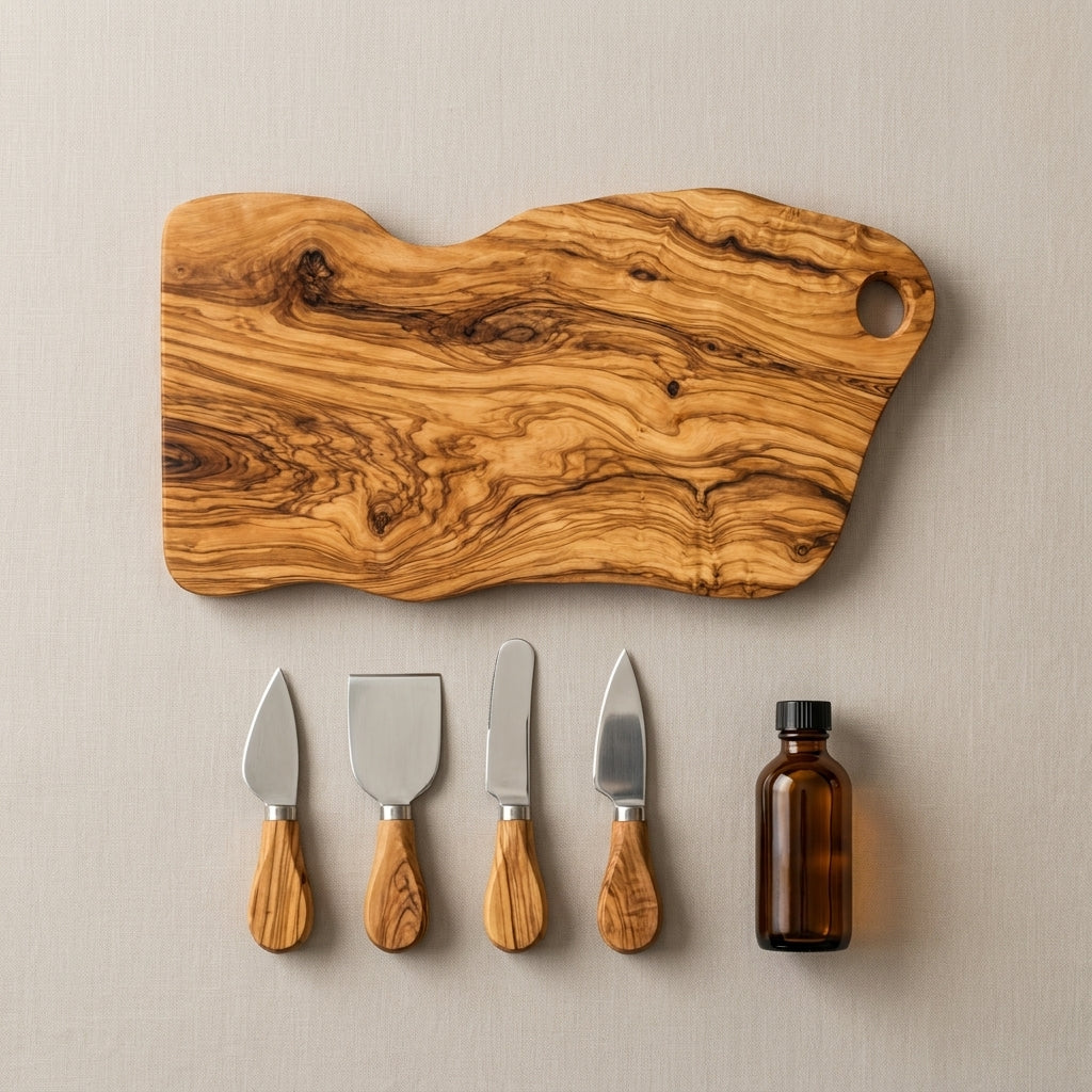 Alba olive wood board with cheese knives and care oil