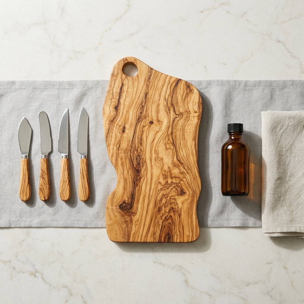 Alba olive wood board with cheese knives and care oil