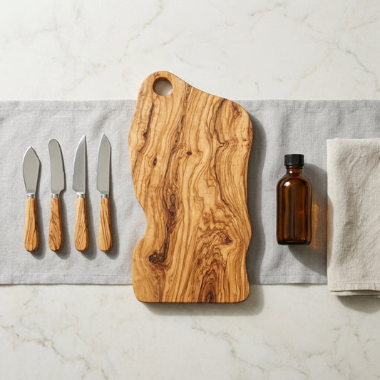 Alba olive wood board with cheese knives and care oil