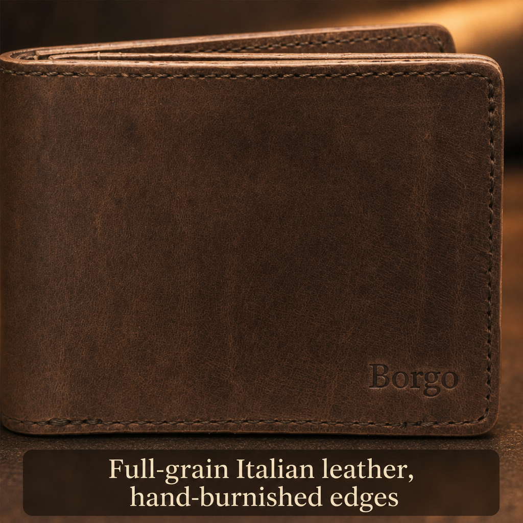 Full-grain Italian leather, hand-burnished edges