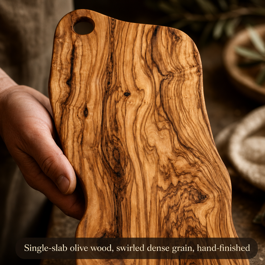 Single-slab olive wood, swirled dense grain
