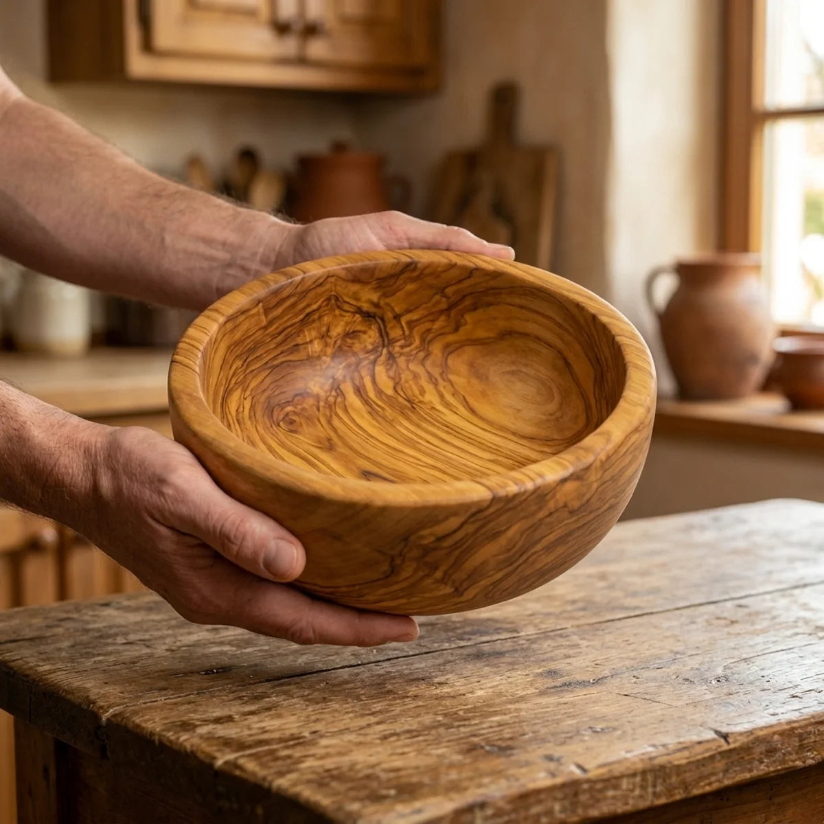 Two hands lifting the Alba Olive Wood Salad Bowl off a wooden table