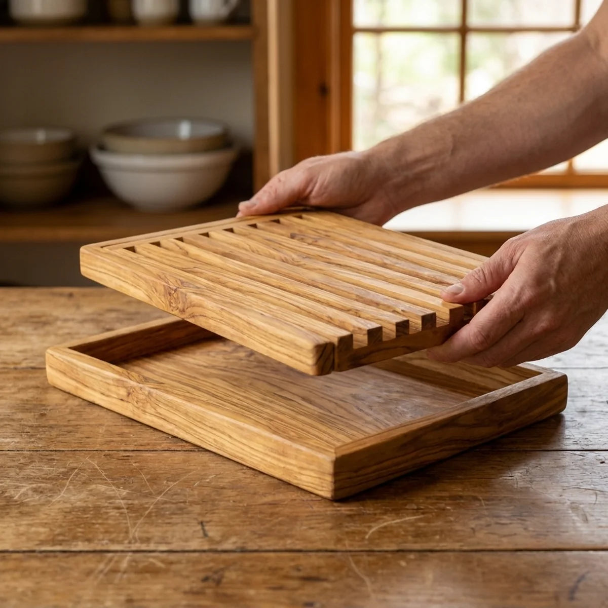 Two hands lifting the Alba Olive Wood Bread Board with Crumb Tray off a wooden table