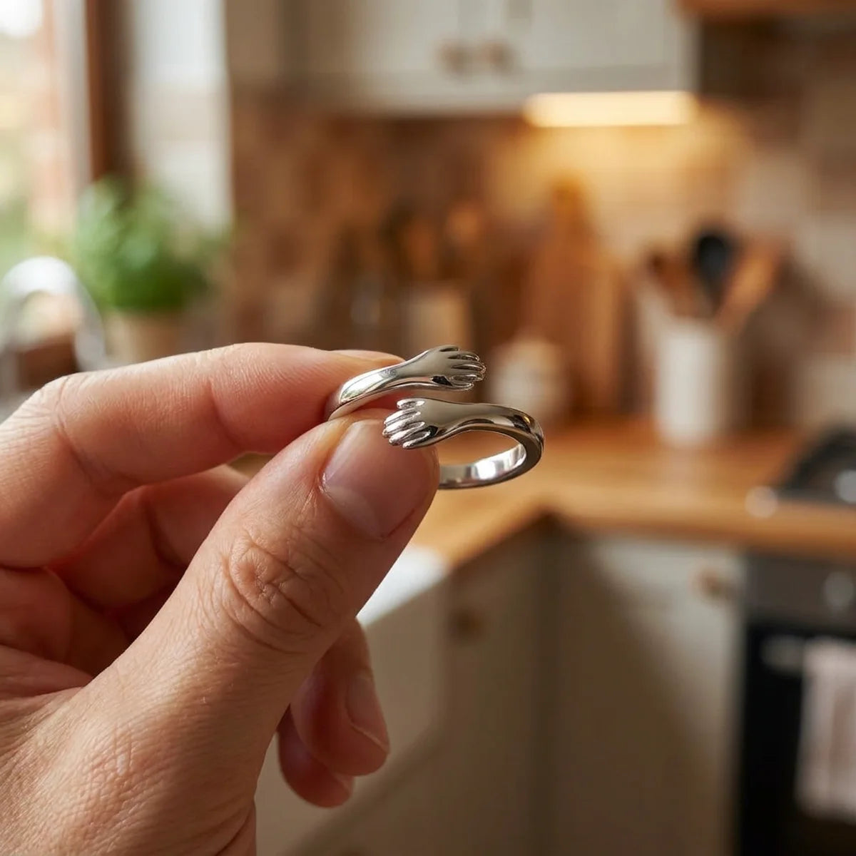 A hand holding the Hug Ring between two fingers