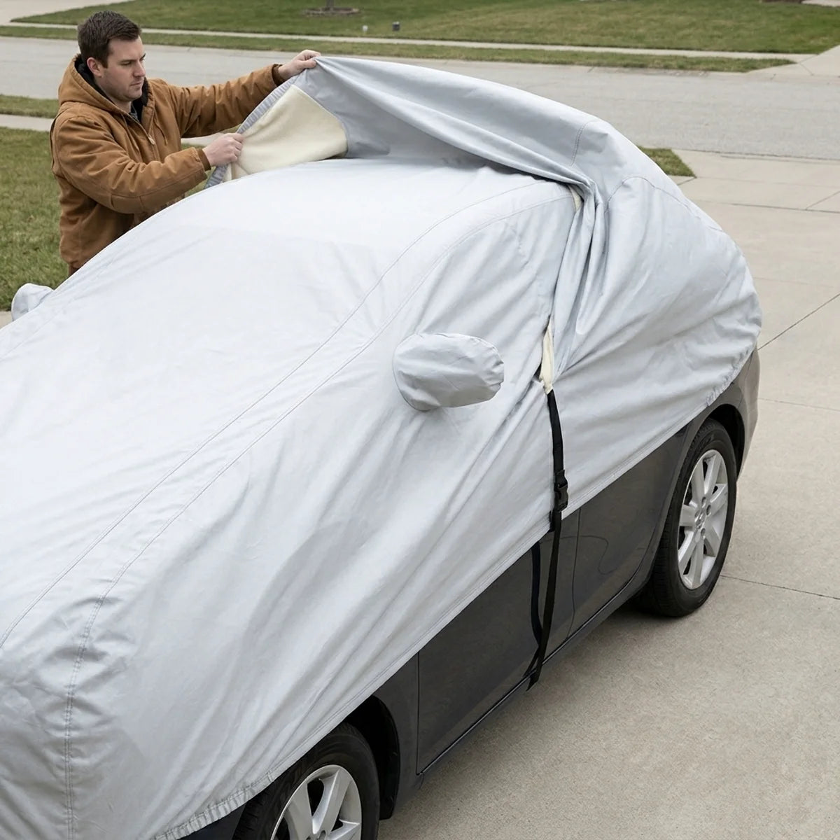 A man pulling the silver-grey car cover over the roof of a sedan on a driveway