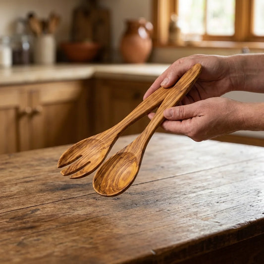 Two hands lifting the Alba Olive Wood Serving Set (Fork + Spoon) off a wooden table