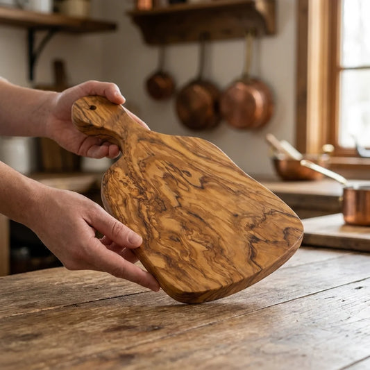 Two hands lifting the Alba Olive Wood Paddle Board off a wooden table