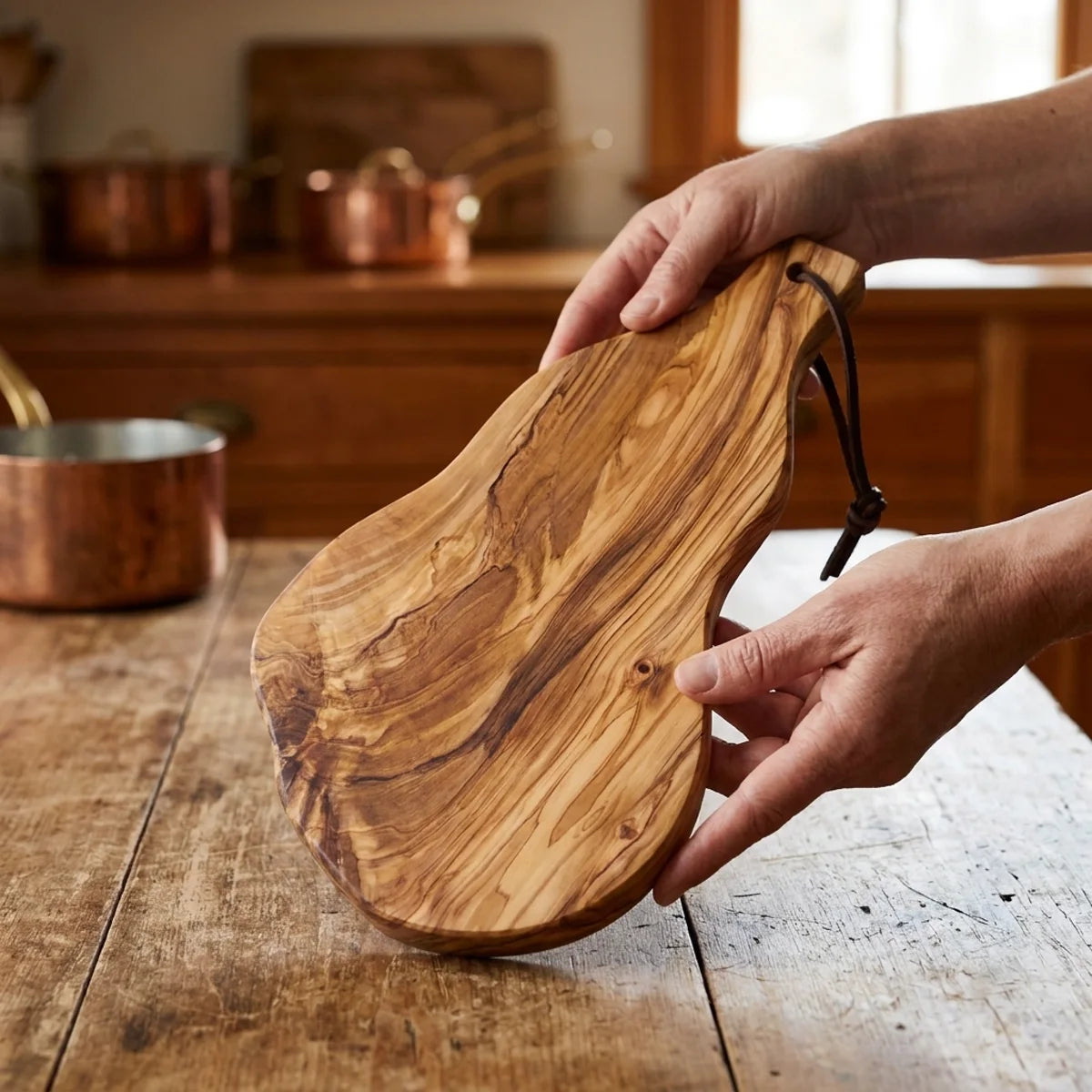 Two hands lifting the Alba Olive Wood Board with Leather Loop off a wooden table