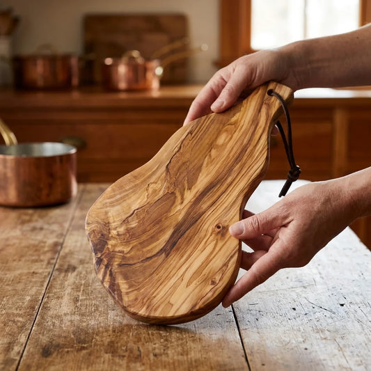 Two hands lifting the Alba Olive Wood Board with Leather Loop off a wooden table