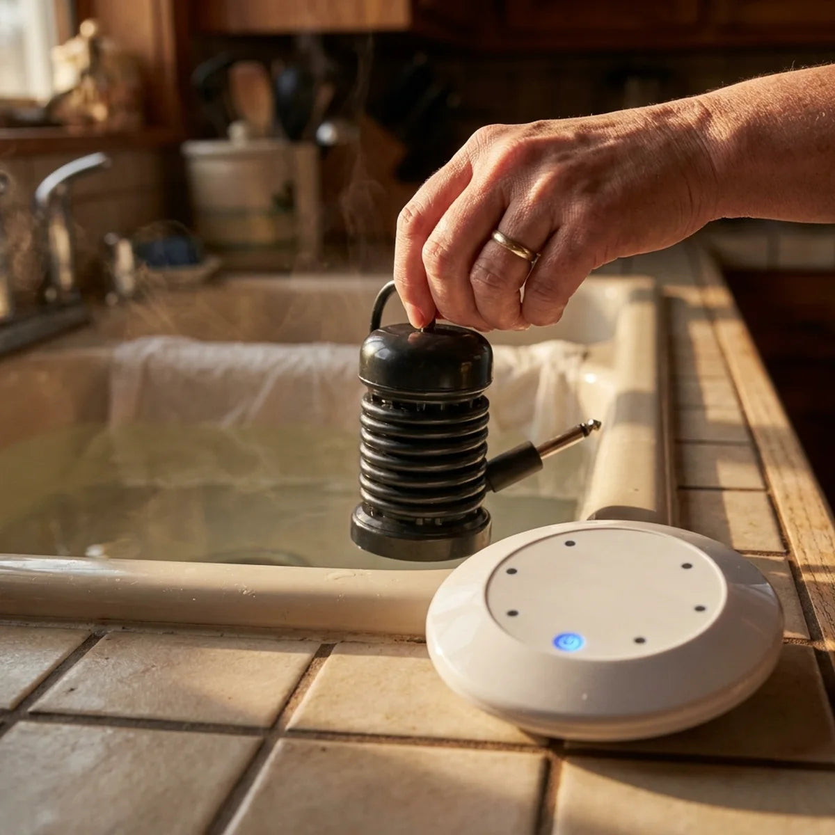 Lowering the black coil electrode into a lined basin of warm water, the white controller lit beside it