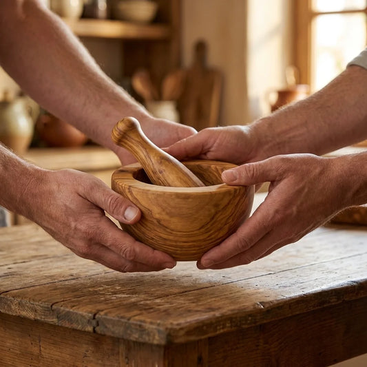 Two hands lifting the Alba Olive Wood Mortar and Pestle off a wooden table
