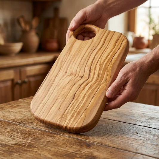 Two hands lifting the Alba Olive Wood Board with Grip Hole off a wooden table