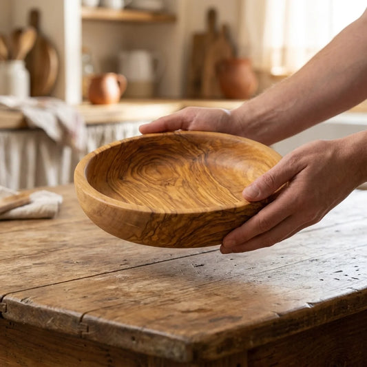 Two hands lifting the Alba Olive Wood Bread Bowl off a wooden table