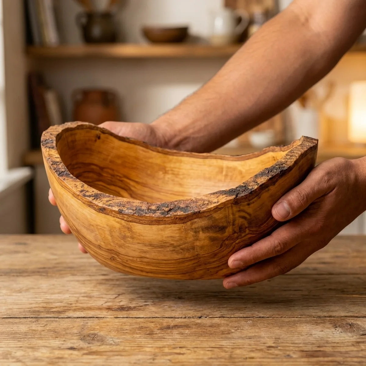 Two hands lifting the Ostuni olive wood serving bowl off a wooden table