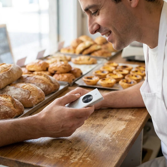 The Calduneo translator held out across a bakery counter, the baker leaning in to answer