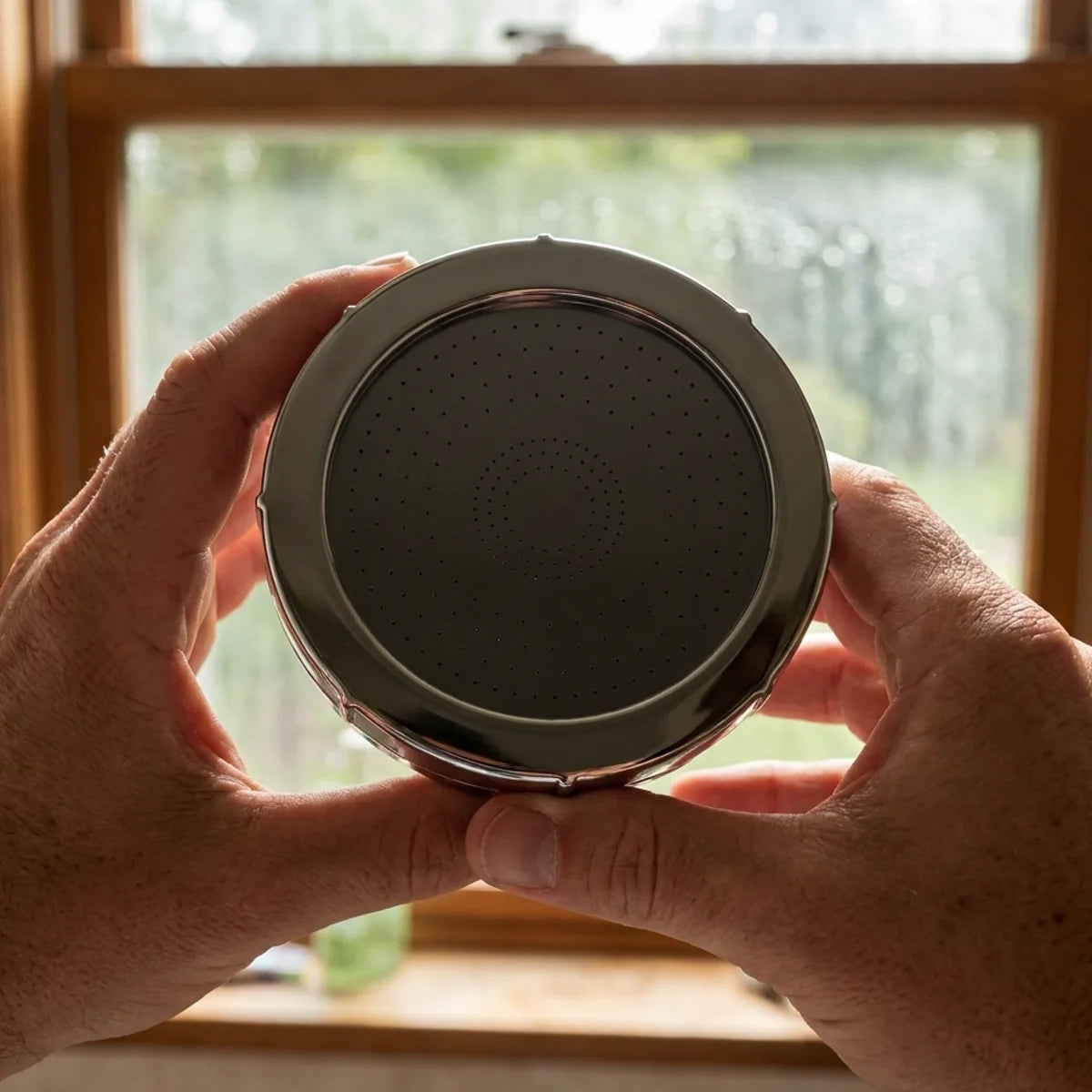 The full perforated spray face of the 15-layer filtered shower head seen straight on