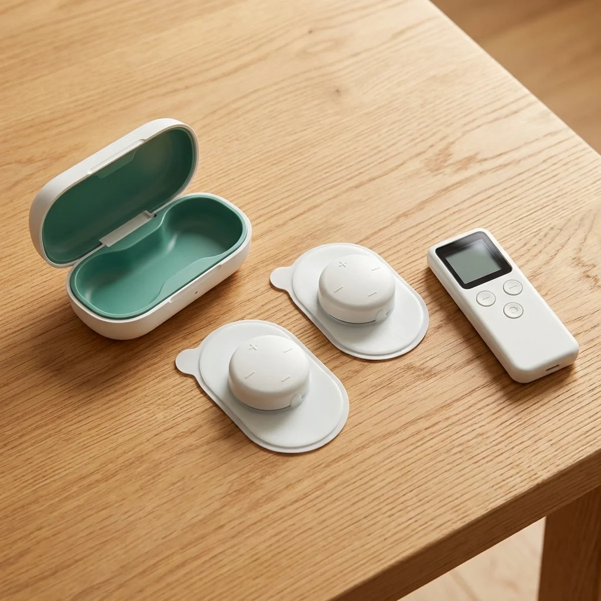 Top view: the open charging case, the two pods on their gel pads and the slim remote