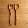 The Alba Olive Wood Serving Set (Fork + Spoon) seen from above, the full grain readable