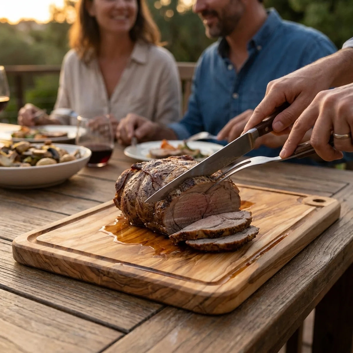The Alba Olive Wood Carving Board with Juice Groove in use on a dining table