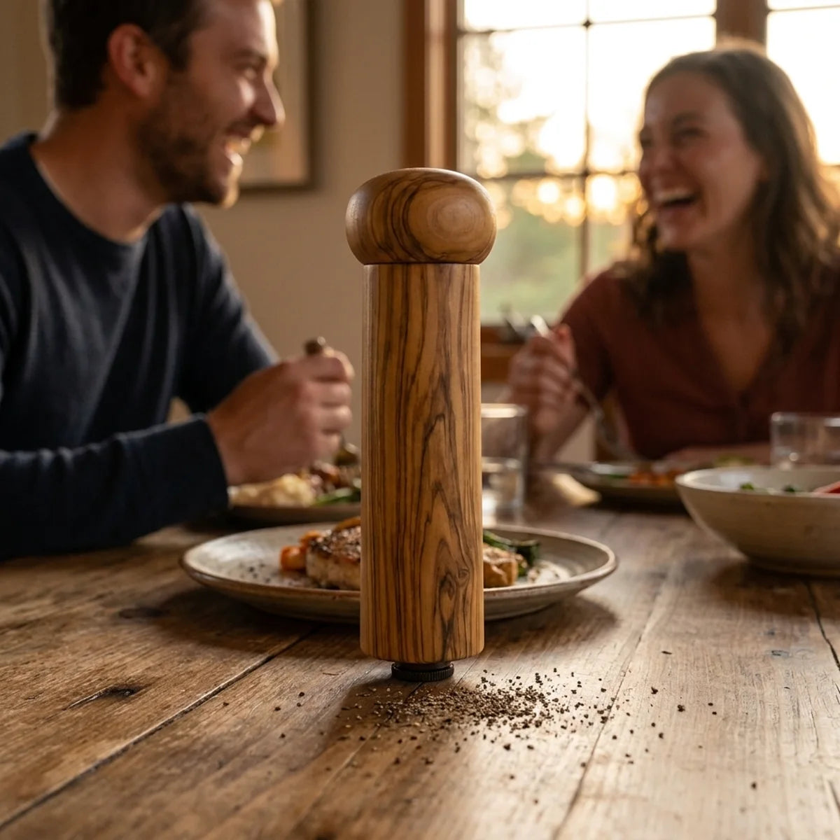 The Alba Olive Wood Pepper Mill in use on a dining table
