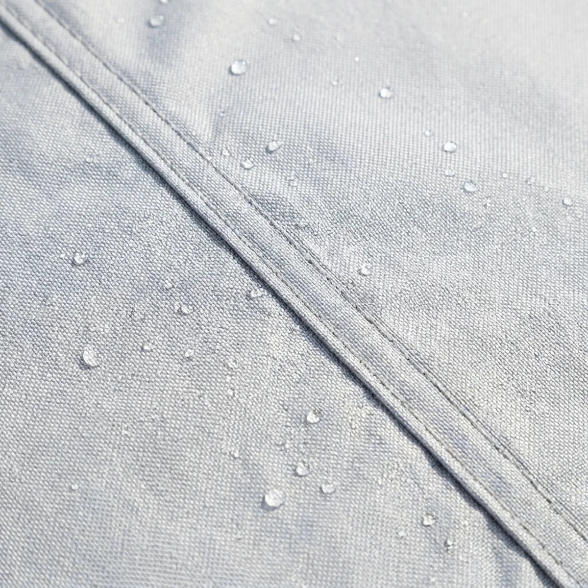 Close-up of the waterproof outer face with water beading on a welded seam