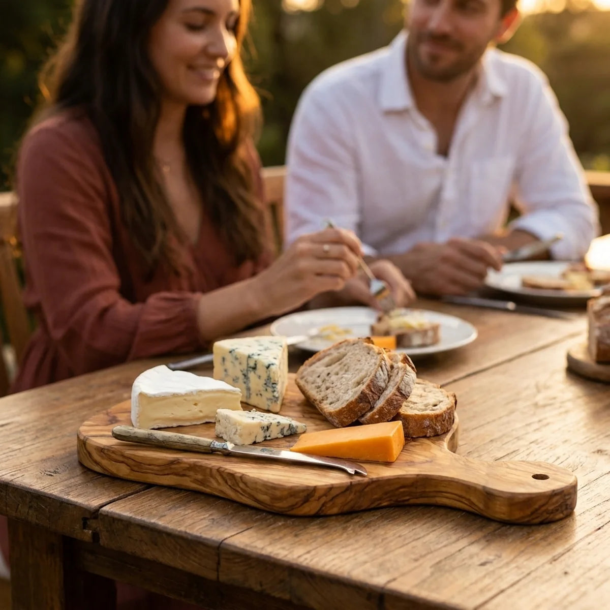 The Alba Olive Wood Paddle Board in use on a dining table