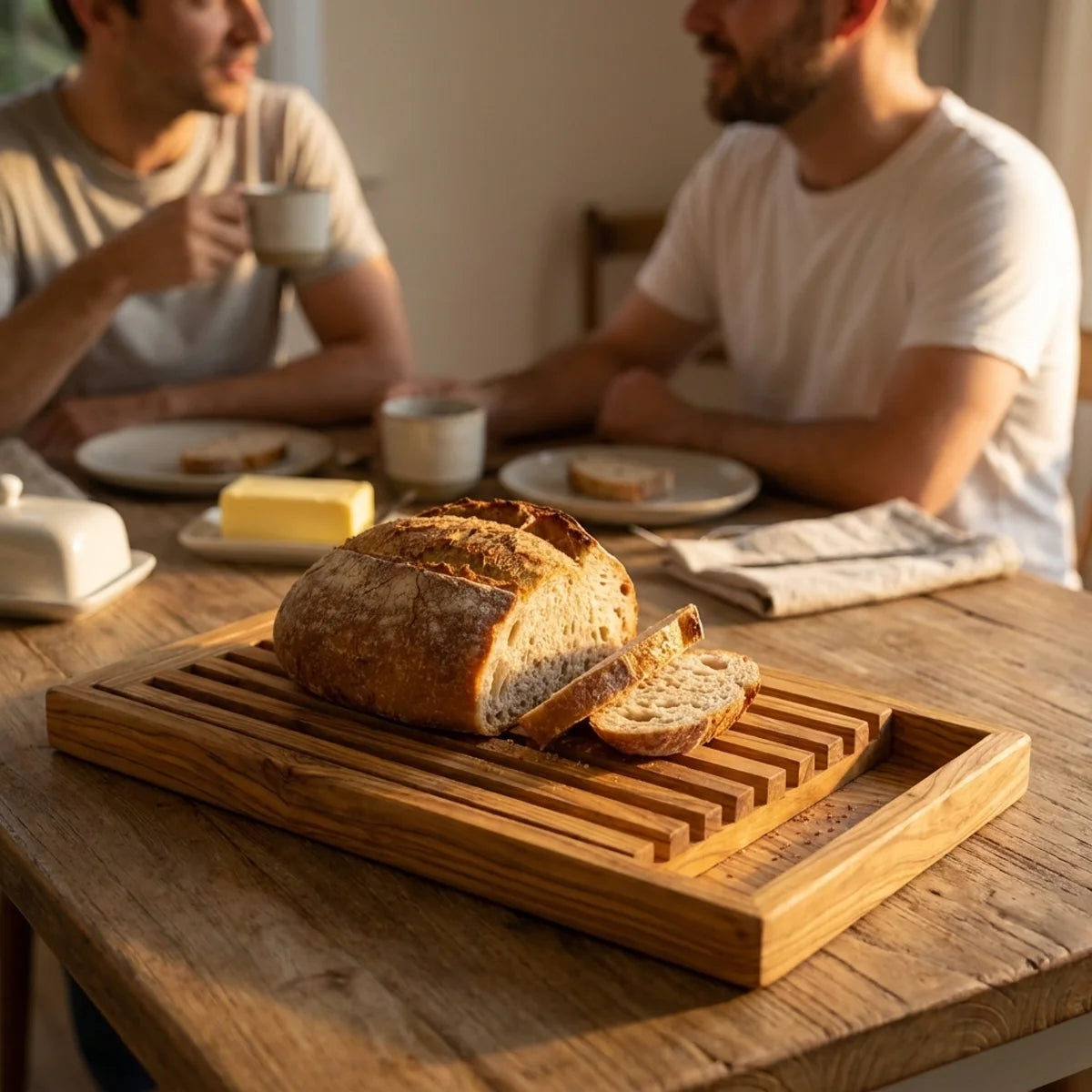 The Alba Olive Wood Bread Board with Crumb Tray in use on a dining table