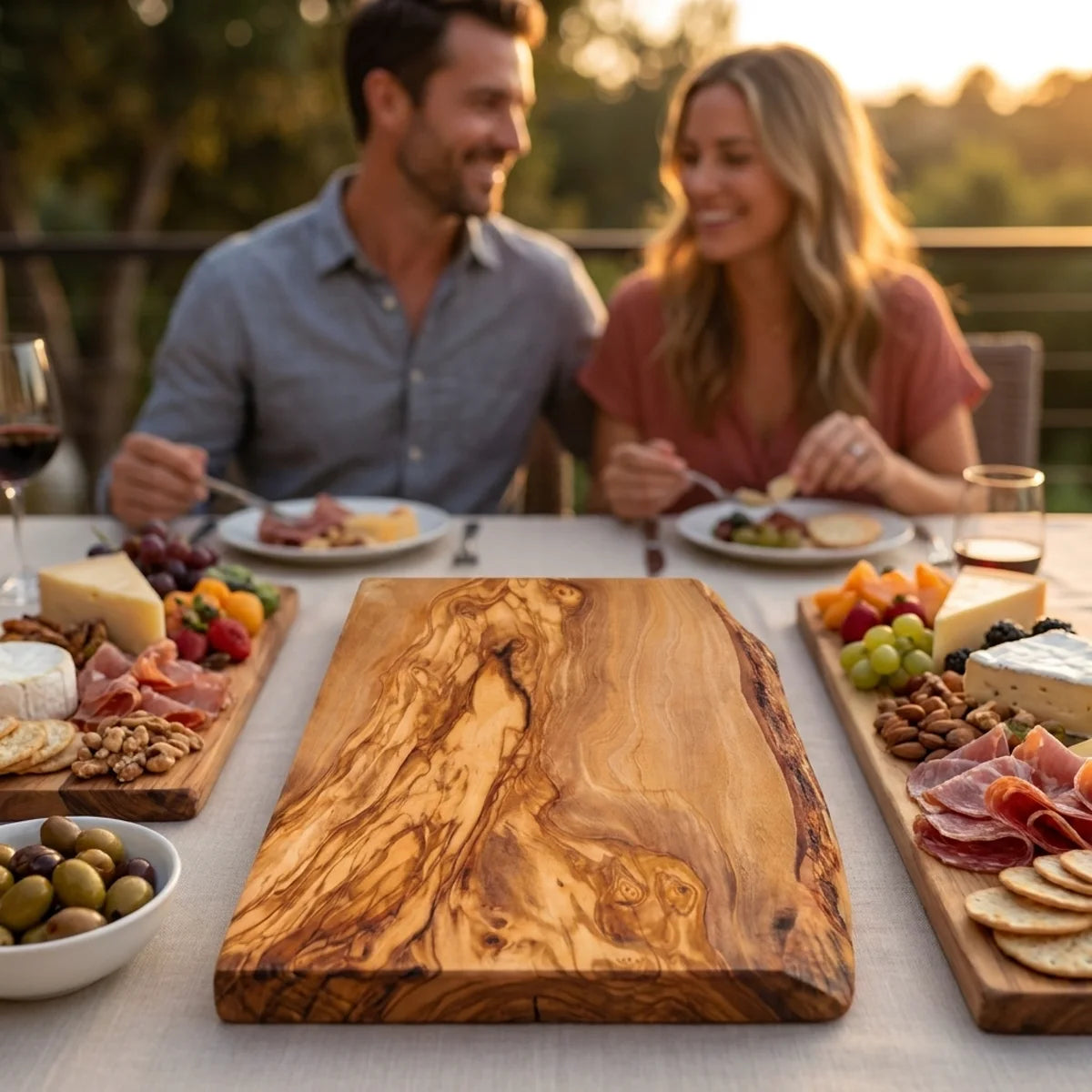 The Alba Live-Edge Olive Wood Slab in use on a dining table