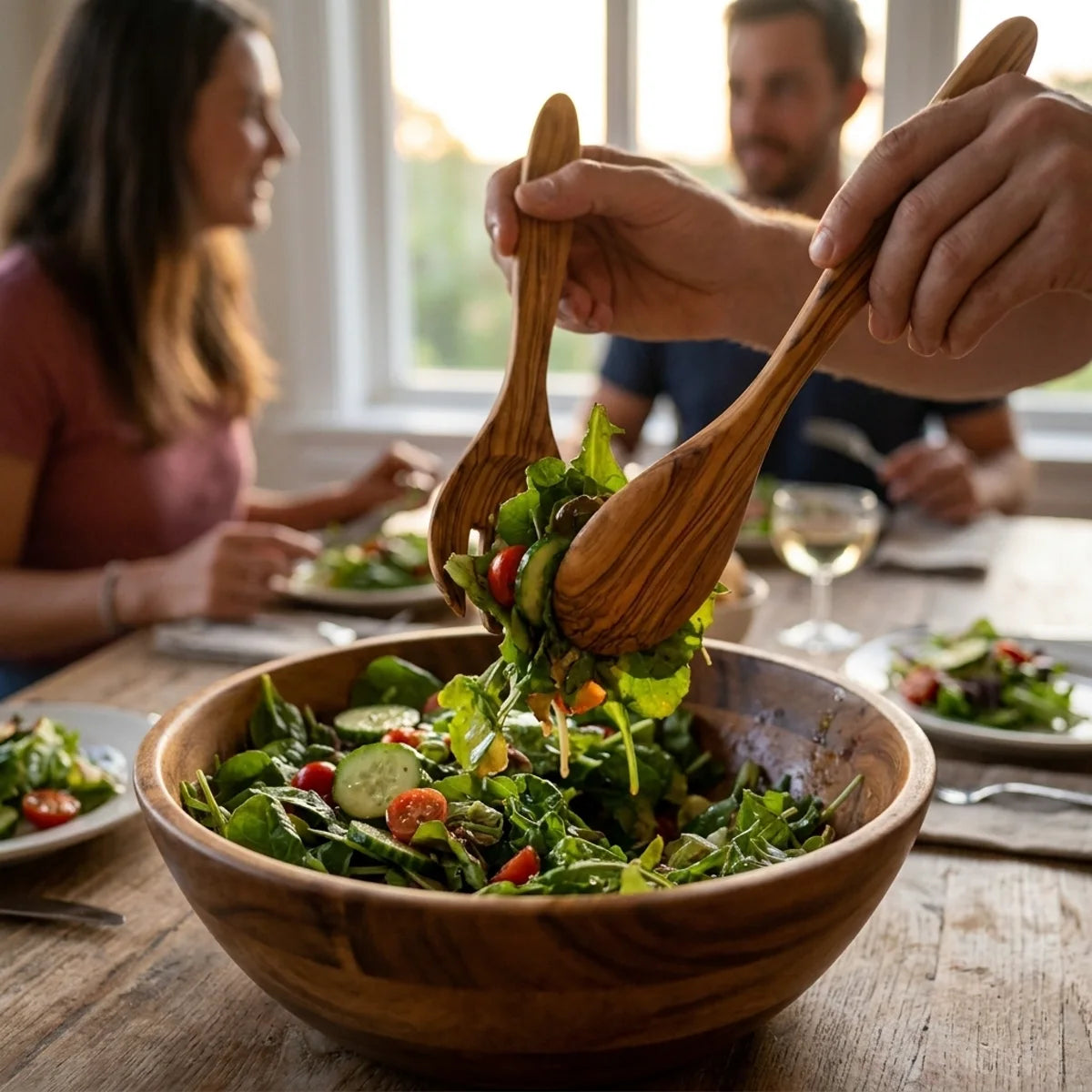 The Alba Olive Wood Serving Set (Fork + Spoon) in use on a dining table