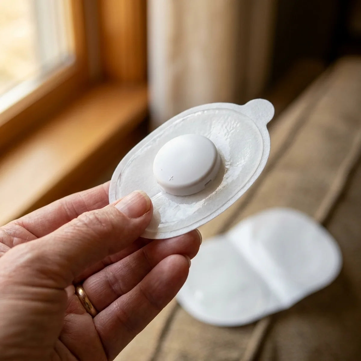 Close-up of one gel pad held between two fingers, the pod attached, the gel surface catching the light