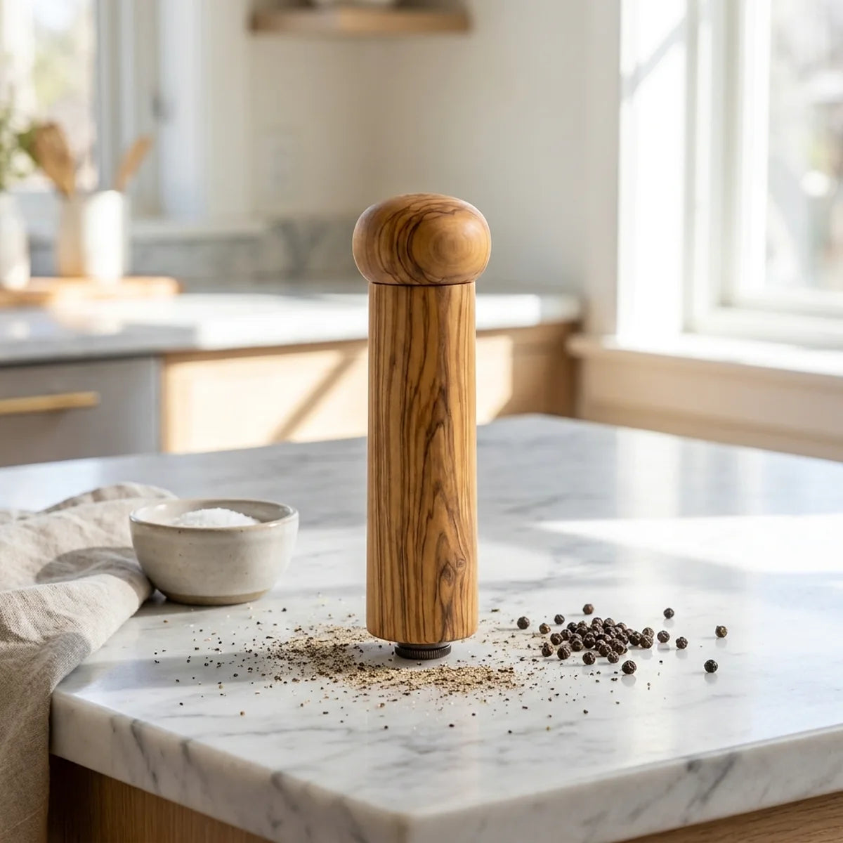 The Alba Olive Wood Pepper Mill in use on a kitchen island