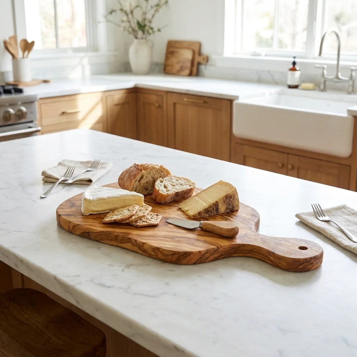 The Alba Olive Wood Paddle Board in use on a kitchen island