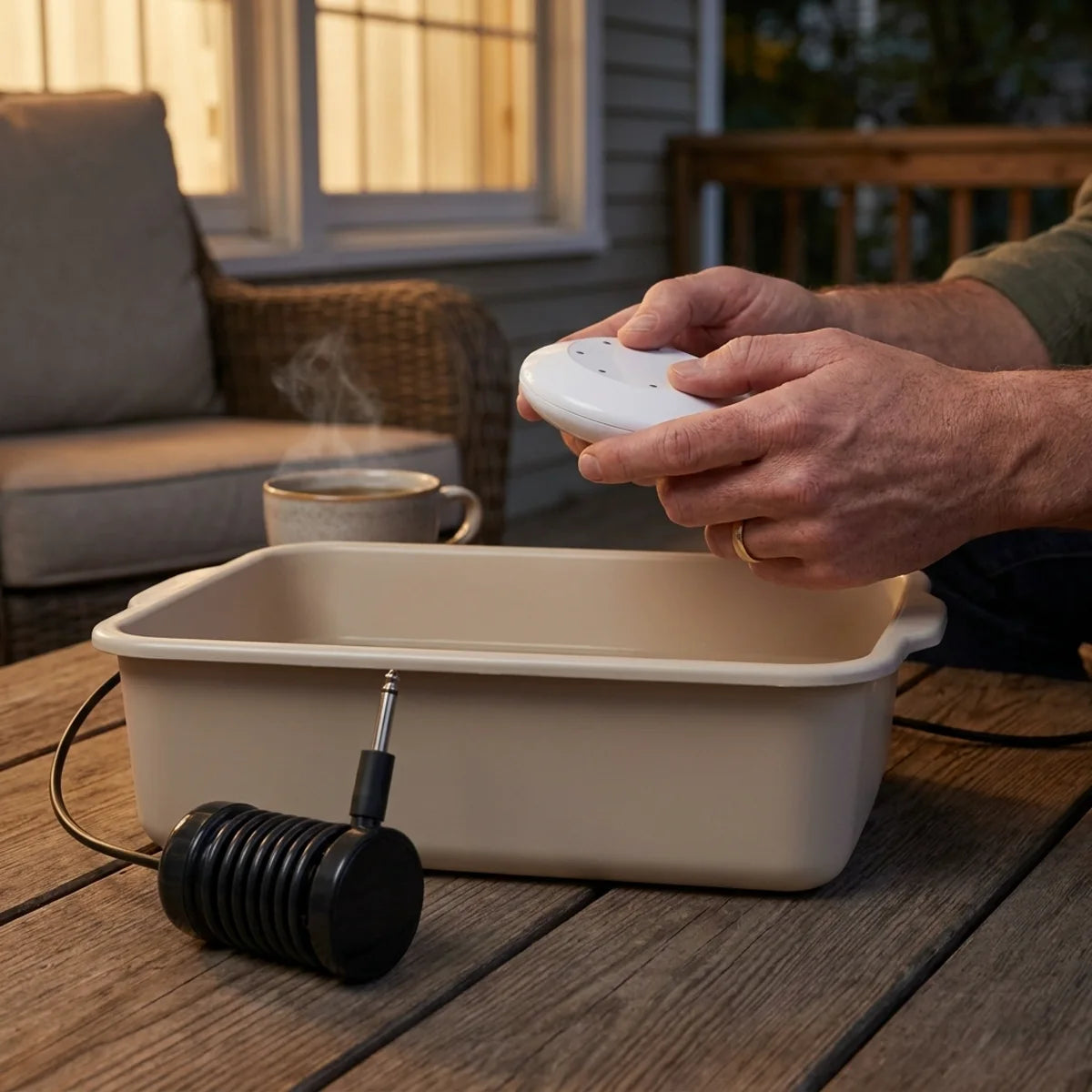 Set up beside a dishpan on the back porch at dusk, a second place to use it