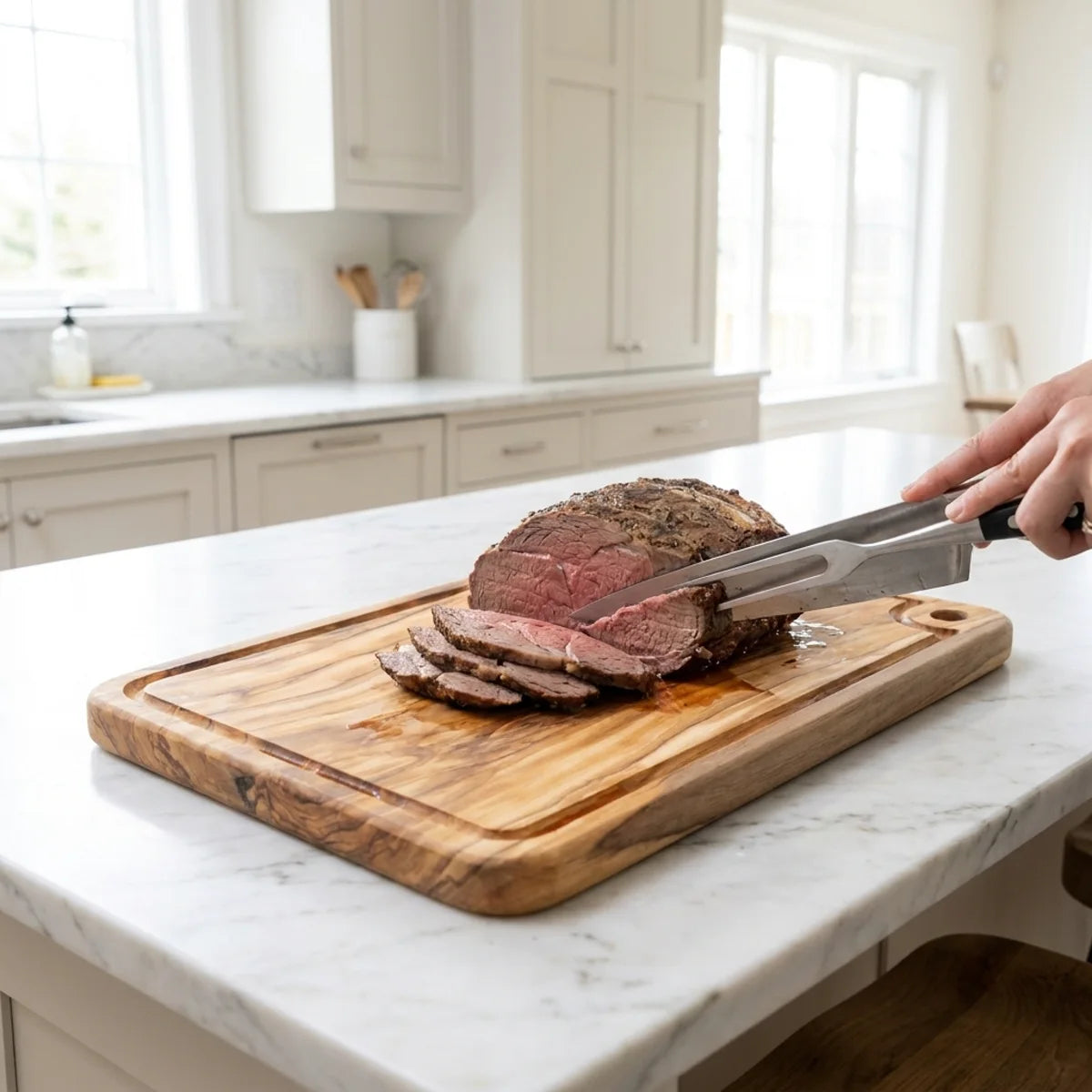 The Alba Olive Wood Carving Board with Juice Groove in use on a kitchen island