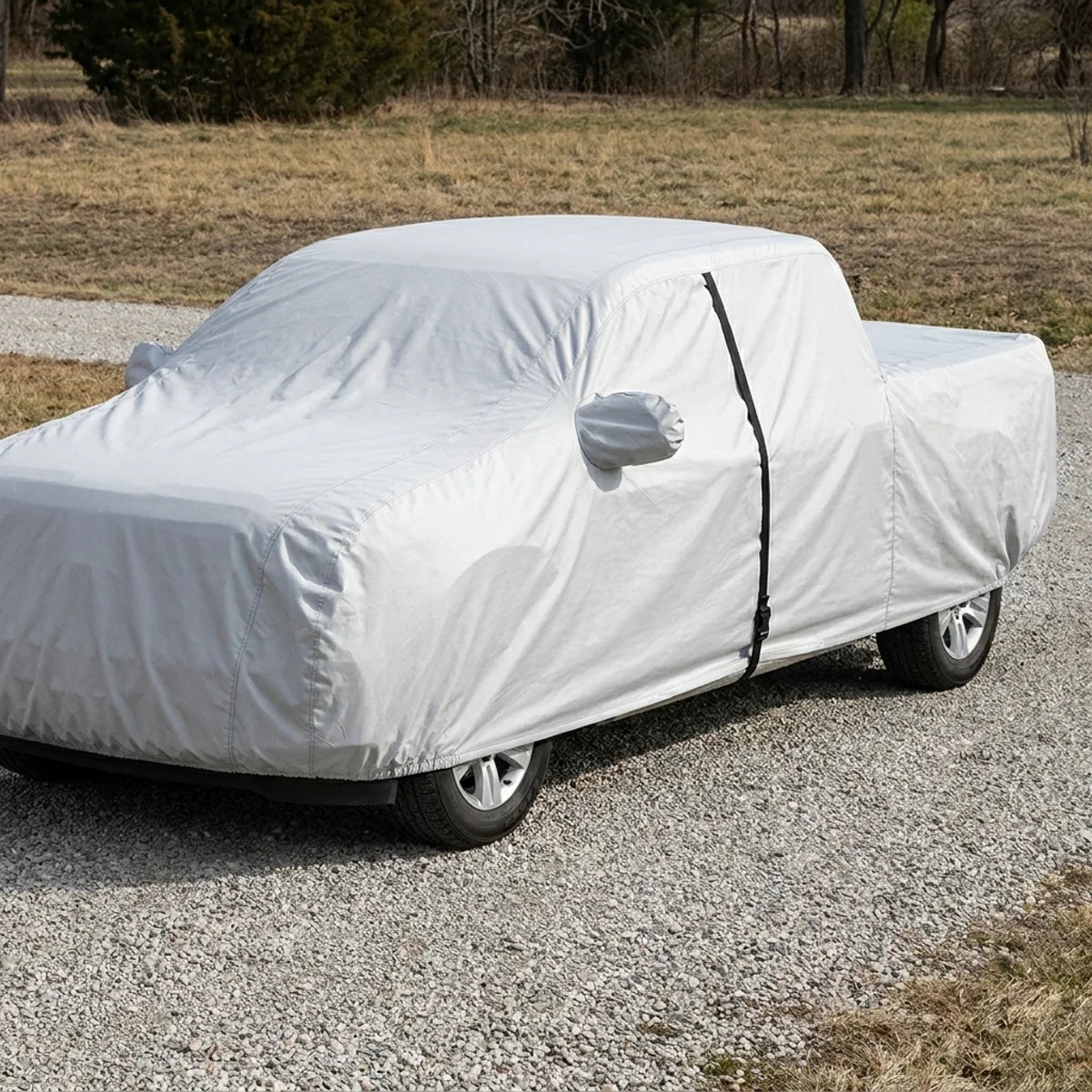 The cover fitted over a full-size pickup truck on a gravel drive