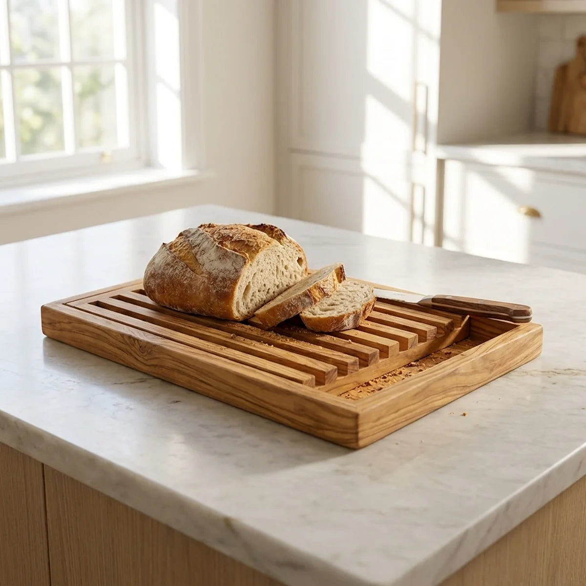 The Alba Olive Wood Bread Board with Crumb Tray in use on a kitchen island