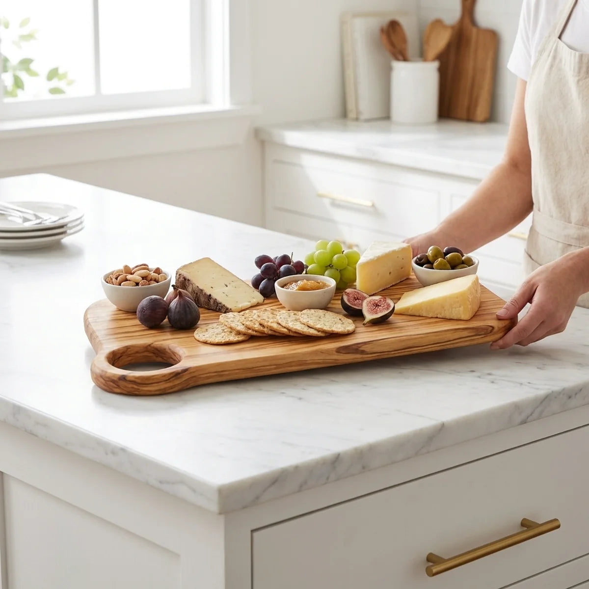 The Alba Olive Wood Board with Grip Hole in use on a kitchen island