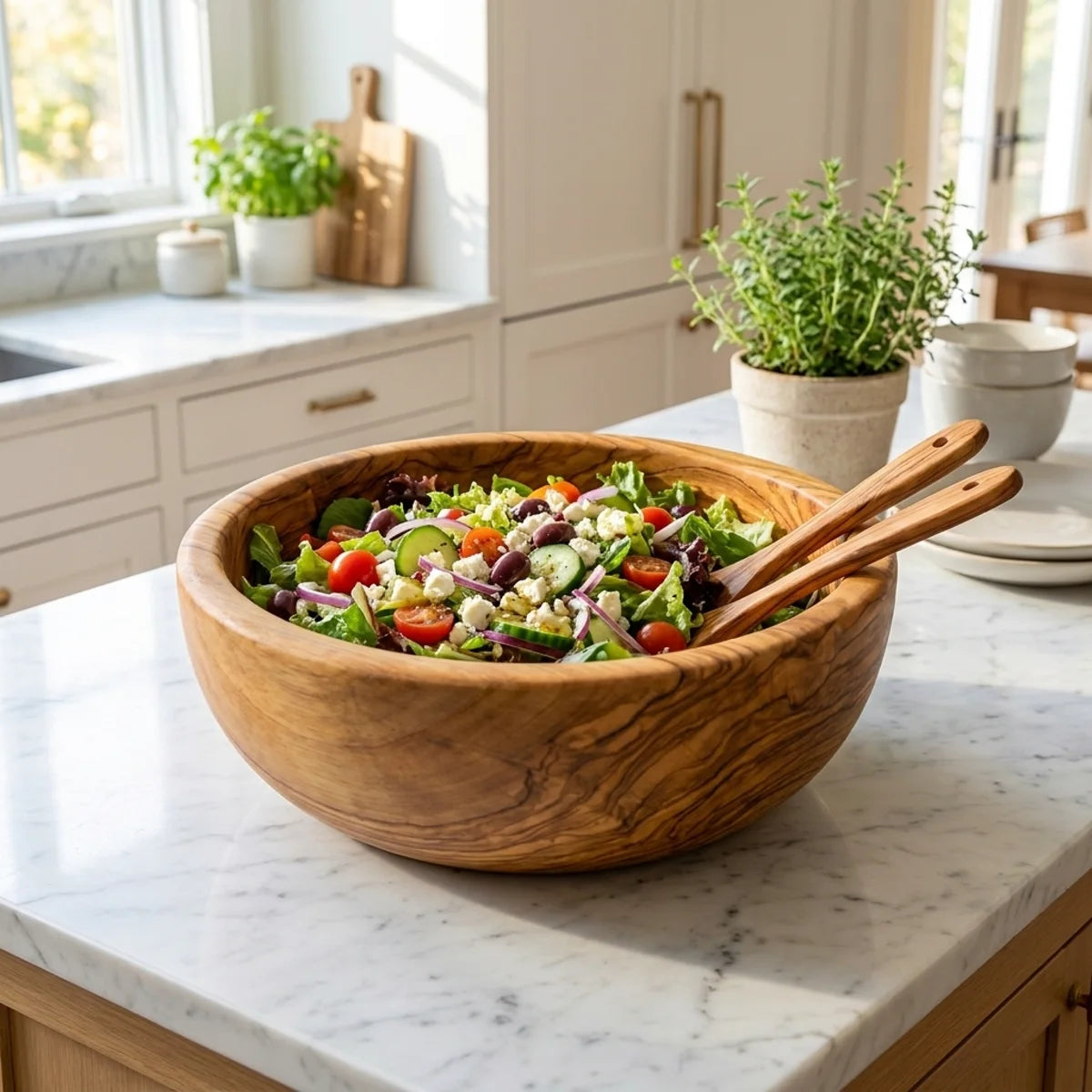 The Alba Olive Wood Salad Bowl in use on a kitchen island