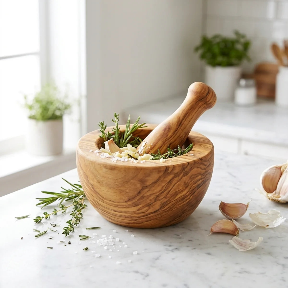 The Alba Olive Wood Mortar and Pestle in use on a kitchen island