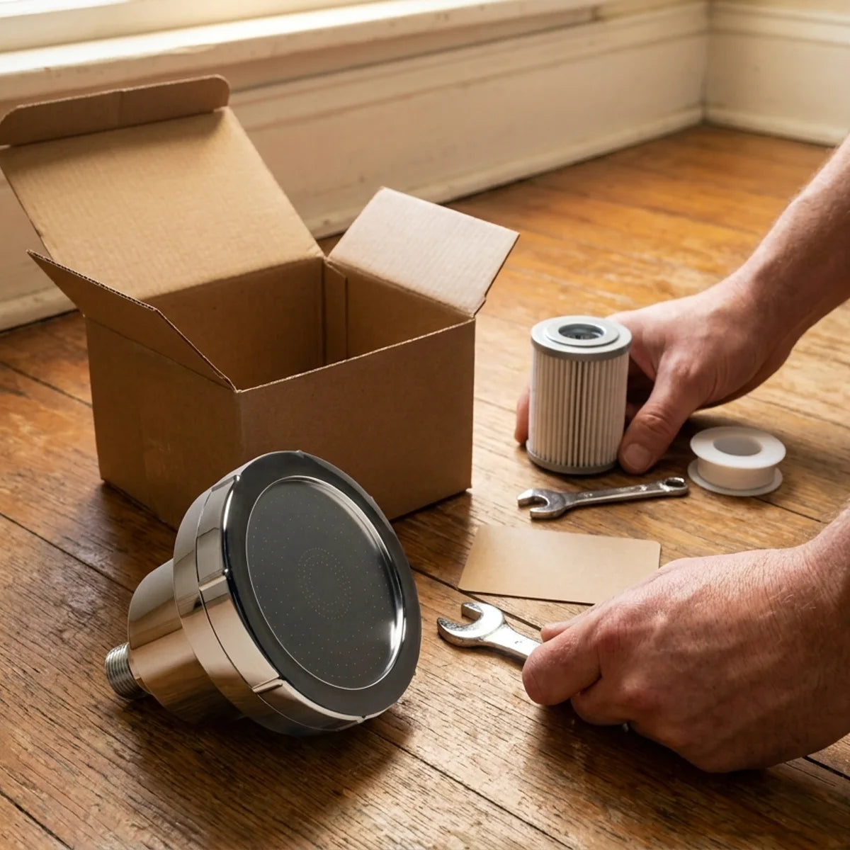 What is in the box: shower head, spare filter, wrench, plumber's tape and install card