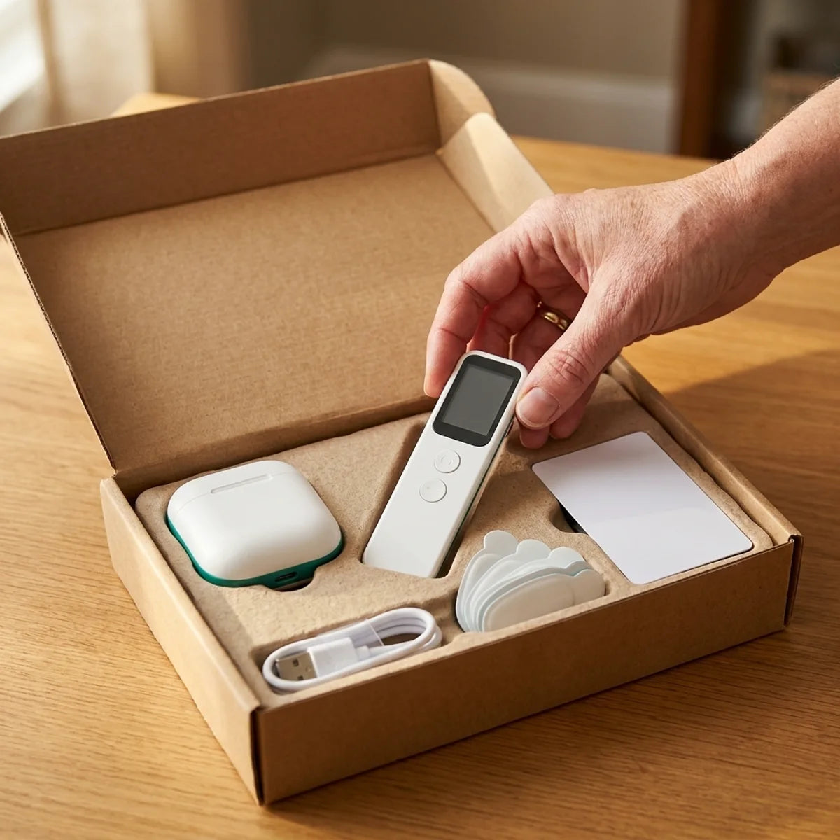 What ships to you: case, remote, spare gel pads, charging cable and quick-start card